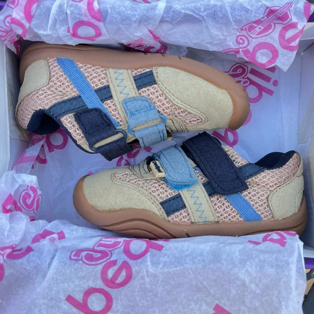 Pediped Gehrig baby shoes in Gingersnap tan and blue with hook & loop straps